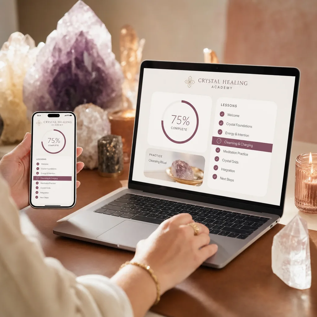 Inside the program: course dashboard with modules, lessons and reference guides